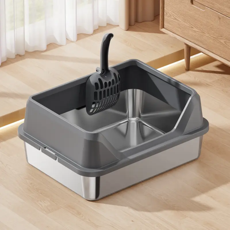 Dark gray stainless steel cat litter box with integrated litter scoop, anti-splash high sides, easy to clean for all cat breeds.