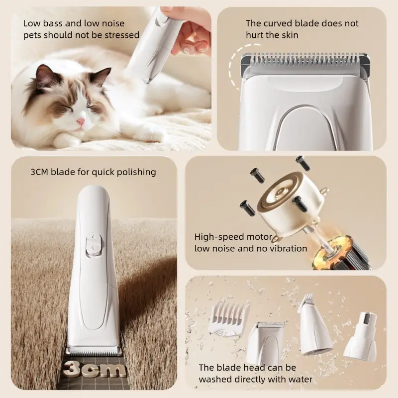 Quiet pet clipper with curved blade, 3cm head, and washable attachments.