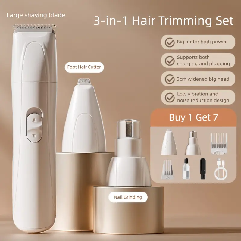 3-in-1 pet grooming kit with clipper, foot trimmer, and nail grinder set.