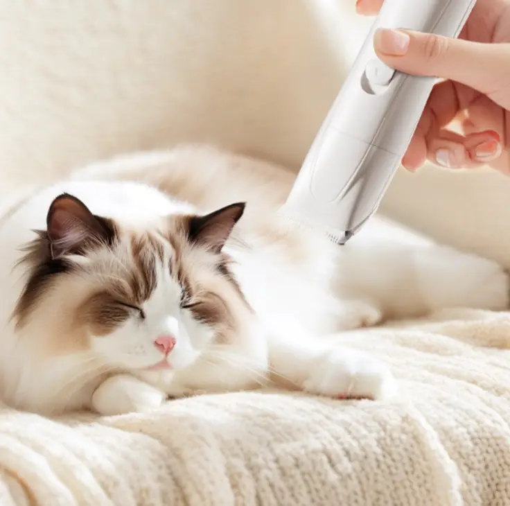 Quiet pet clipper trimming fur on a relaxed, fluffy cat on a cozy blanket.