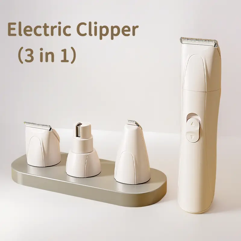 3-in-1 electric pet clipper with interchangeable heads for full grooming.