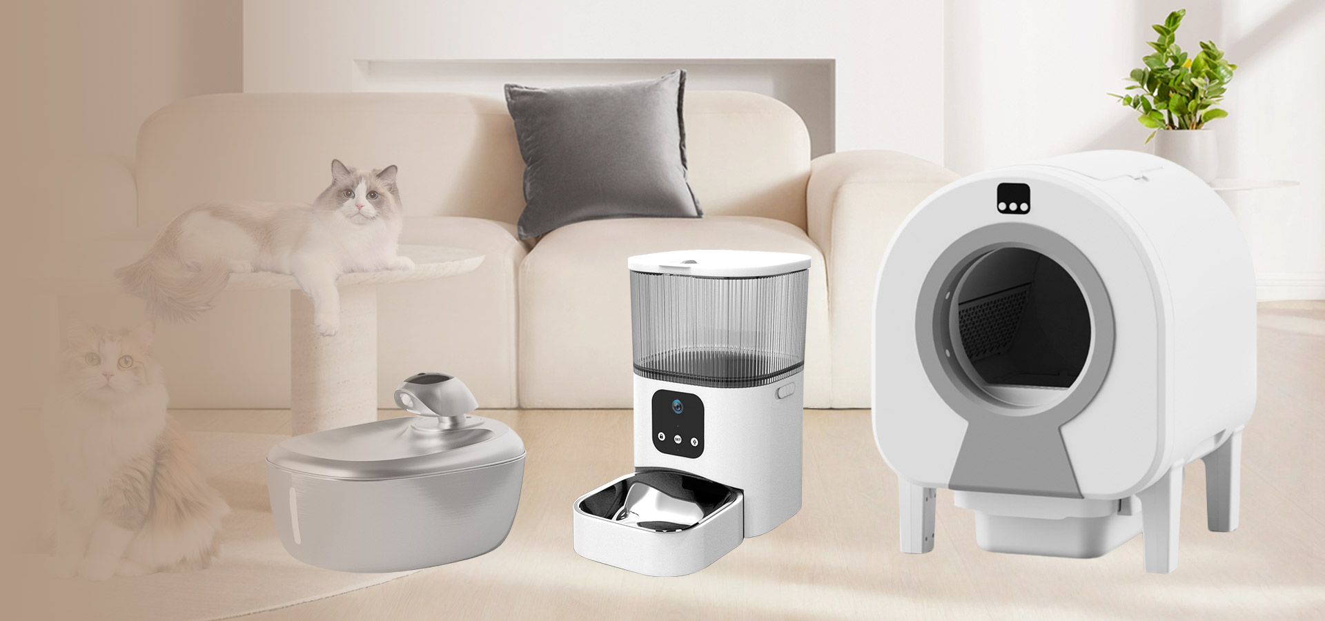 Petoking’s cat care trio: stainless steel fountain, smart feeder, and self-cleaning litter box.