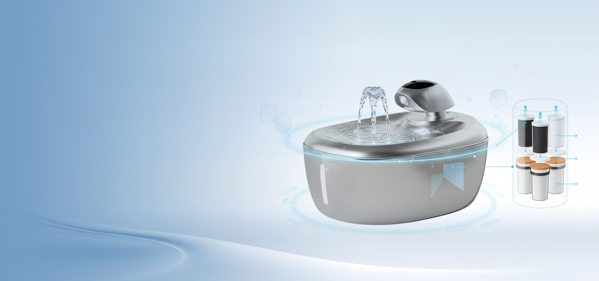 Stainless steel pet water fountain with multi-stage filtration and internal battery system.