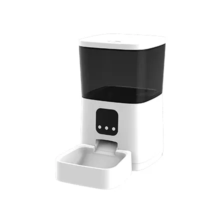 PT01 smart pet feeder with dark-tinted food hopper and white plastic bowl.