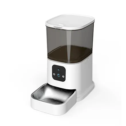 Model PT03 smart pet feeder with transparent food hopper and stainless steel bowl.