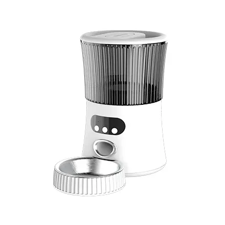 PT06 smart pet feeder with detachable stainless steel bowl and control buttons.