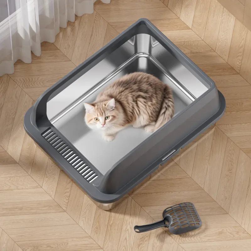 Stainless steel cat litter box with matching scoop, safe and easy to clean for your pet cat.