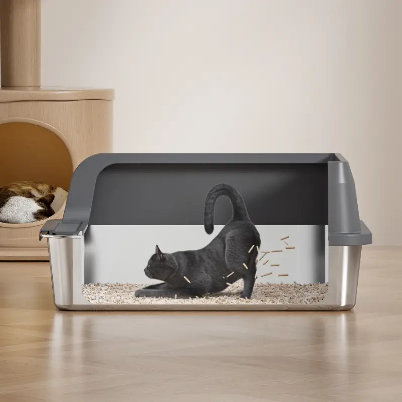 Stainless steel cat litter box with high anti-splash sides, ideal for black cats and all breeds, durable & easy to clean.