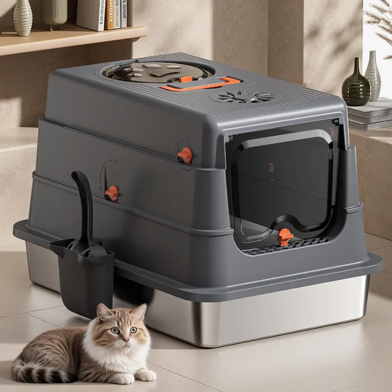 Gray stainless steel cat litter box with large space and a cat resting beside it
