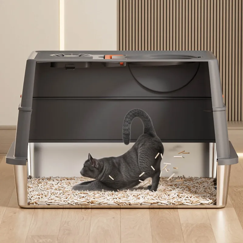 3-Piece 不锈钢猫砂盆, Enclosed Design with Black Cat Inside