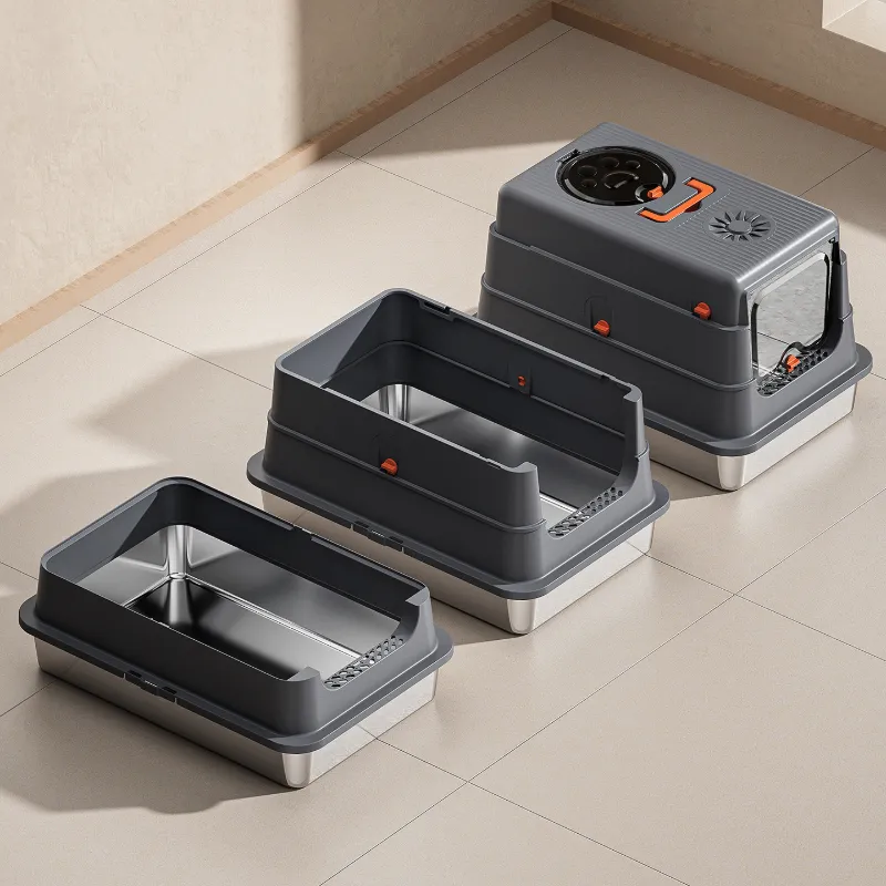 Close-up of 3 usage modes of stainless steel cat litter box with detachable stainless steel base