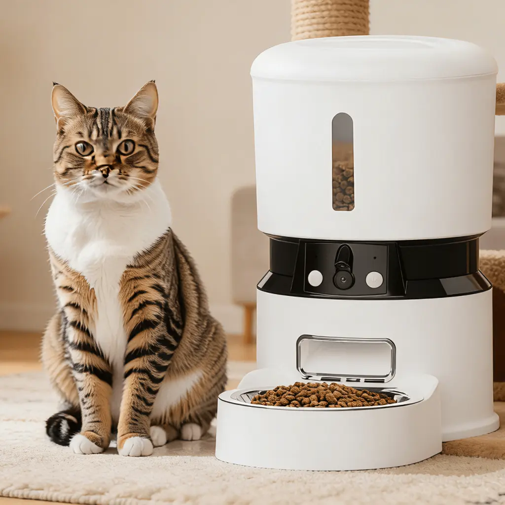 Automatic 智能喂食器 with Cat in 首页 Environment Cat beside a smart pet feeder automatic cat feeder in a modern home
