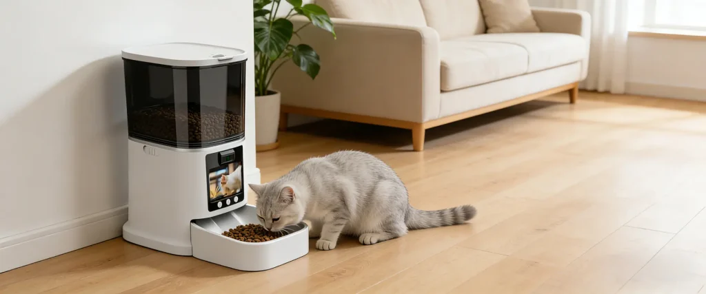 Cat eating from an automatic smart pet feeder with camera at home