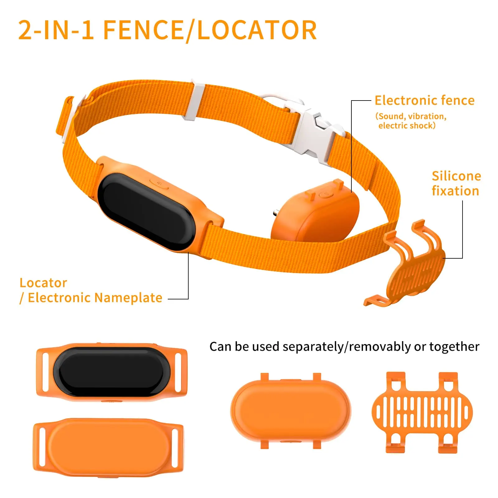 2-in-1 pet tracker collar structure with locator, electronic nameplate, and fence module