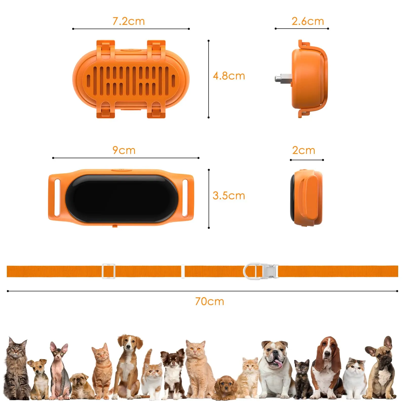 pet tracker collar size details with product dimensions and adjustable collar length