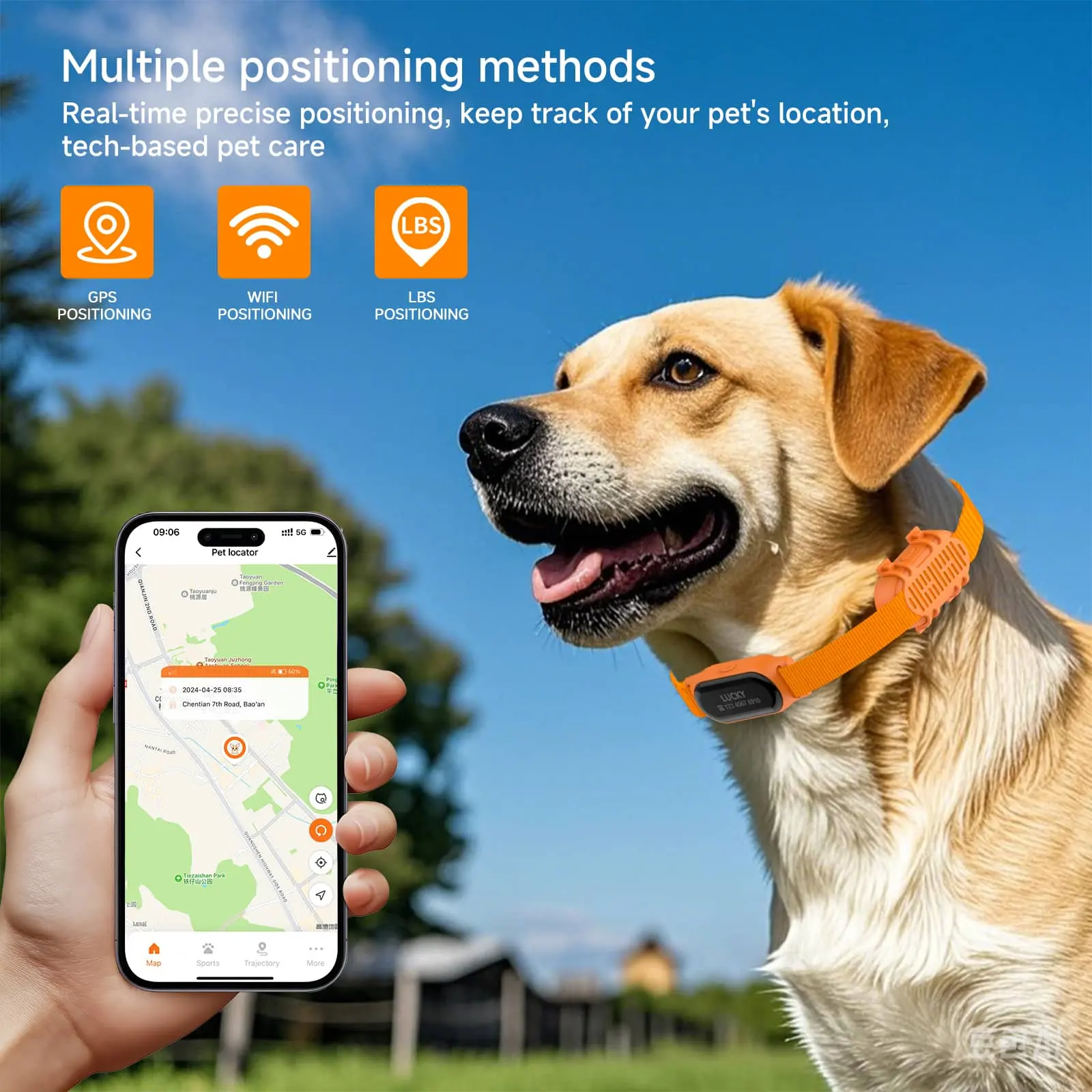 4G GPS pet tracker collar with GPS, WiFi, and LBS positioning methods
