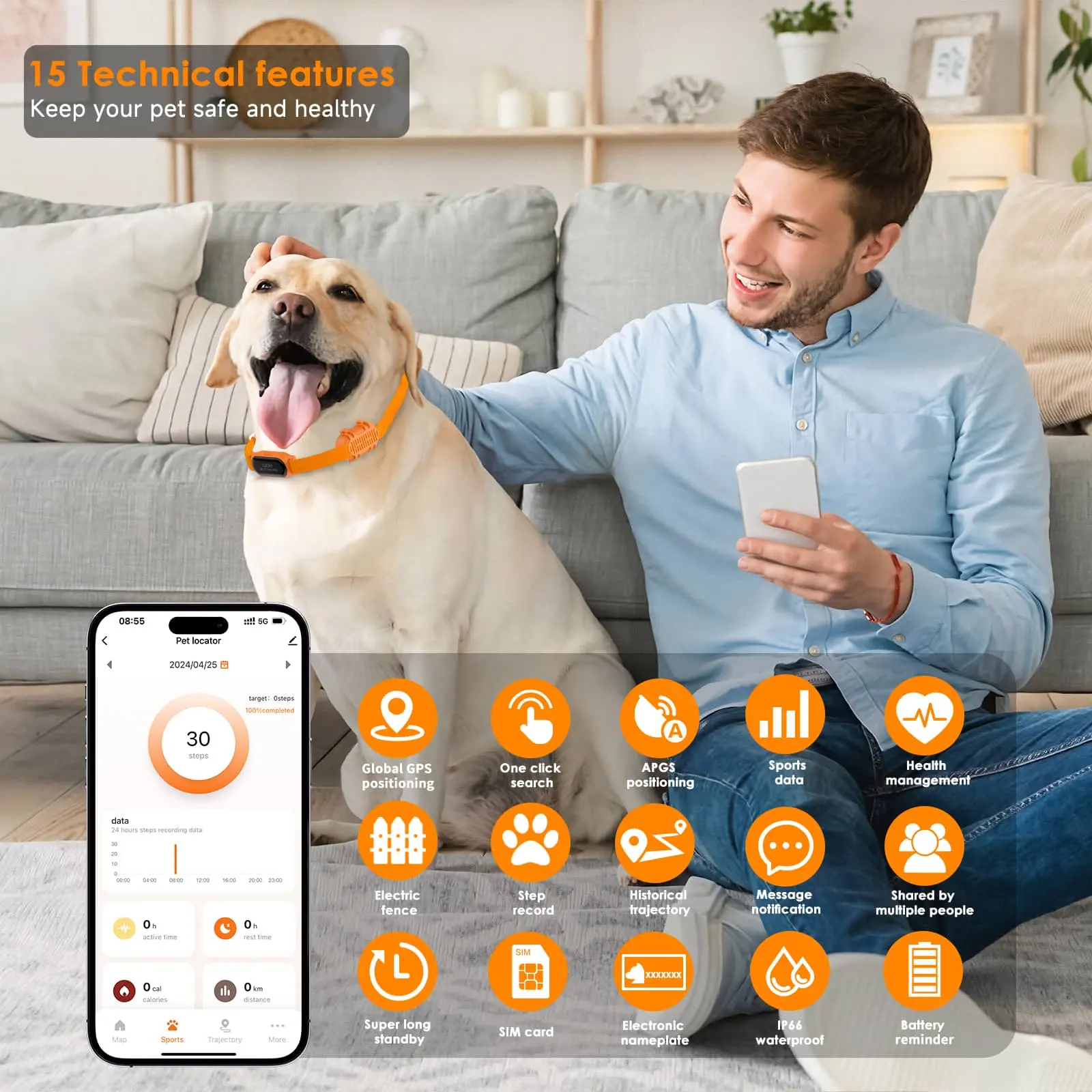 smart pet safety collar with GPS tracking, electronic fence, activity data, and battery reminder